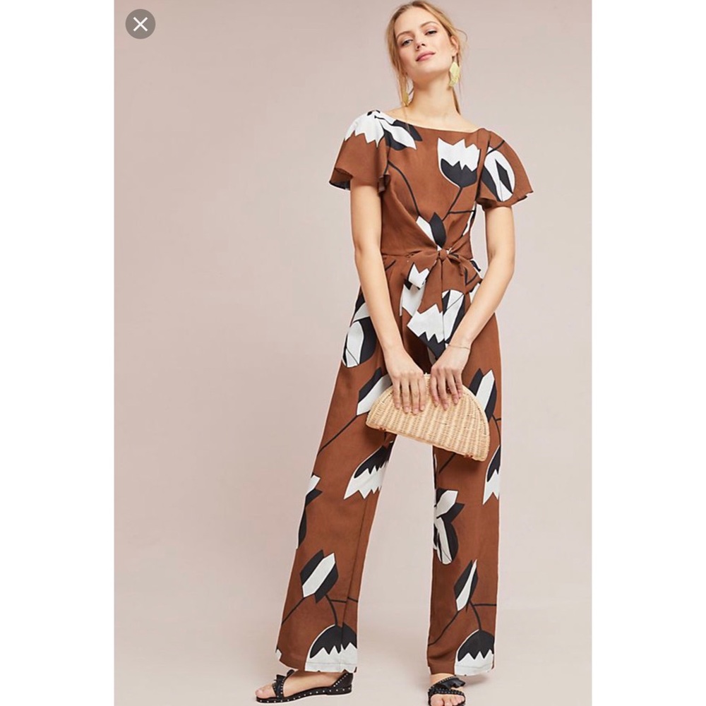 Eva Franco Brown Floral Print Jumpsuit with White & Black Motif